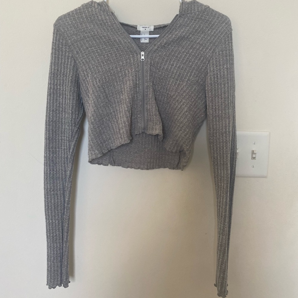 Textured Crop Zip-Up Top w/ Hood